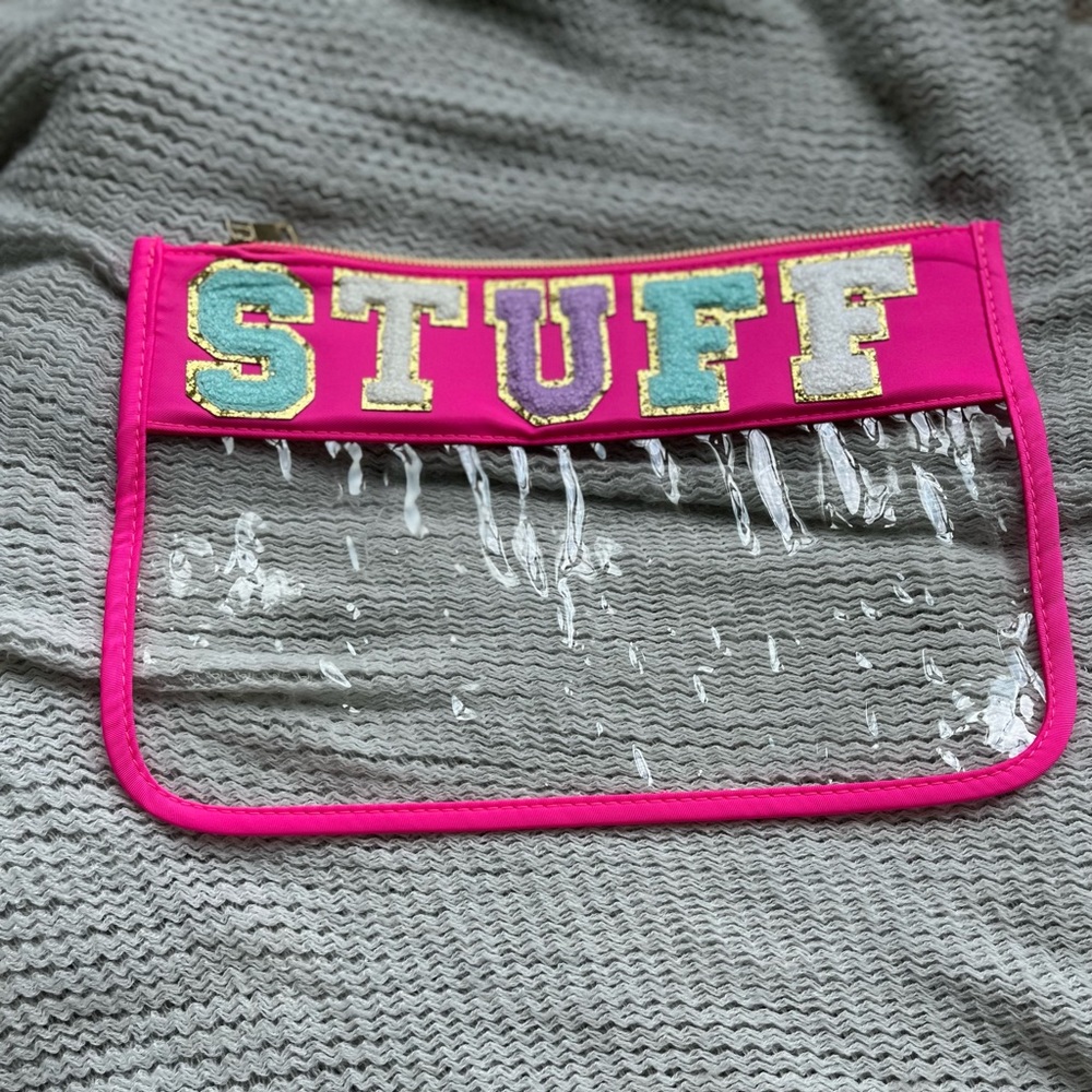 Large clear cosmetic pouch , pre made chenille lettering